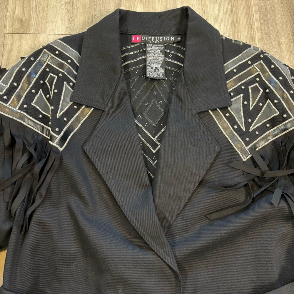 Vintage IB Diffusion Small Black Fringe Western Jacket Studded Yoke Belted 90s - Picture 3 of 15